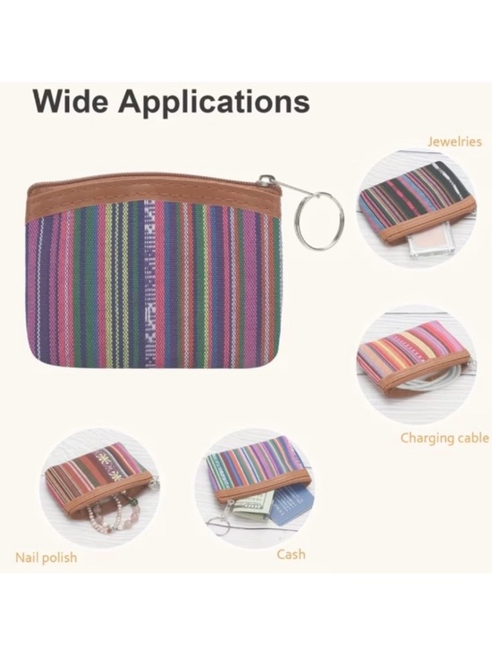 ⭐️ 5 for $25 Striped Woven Canvas Keyring Coin Pouch in Multicolor with Zipper - Picture 2 of 9